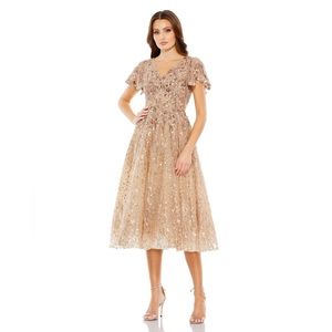 Mac Duggal Champagne Sequin Lace Midi Dress